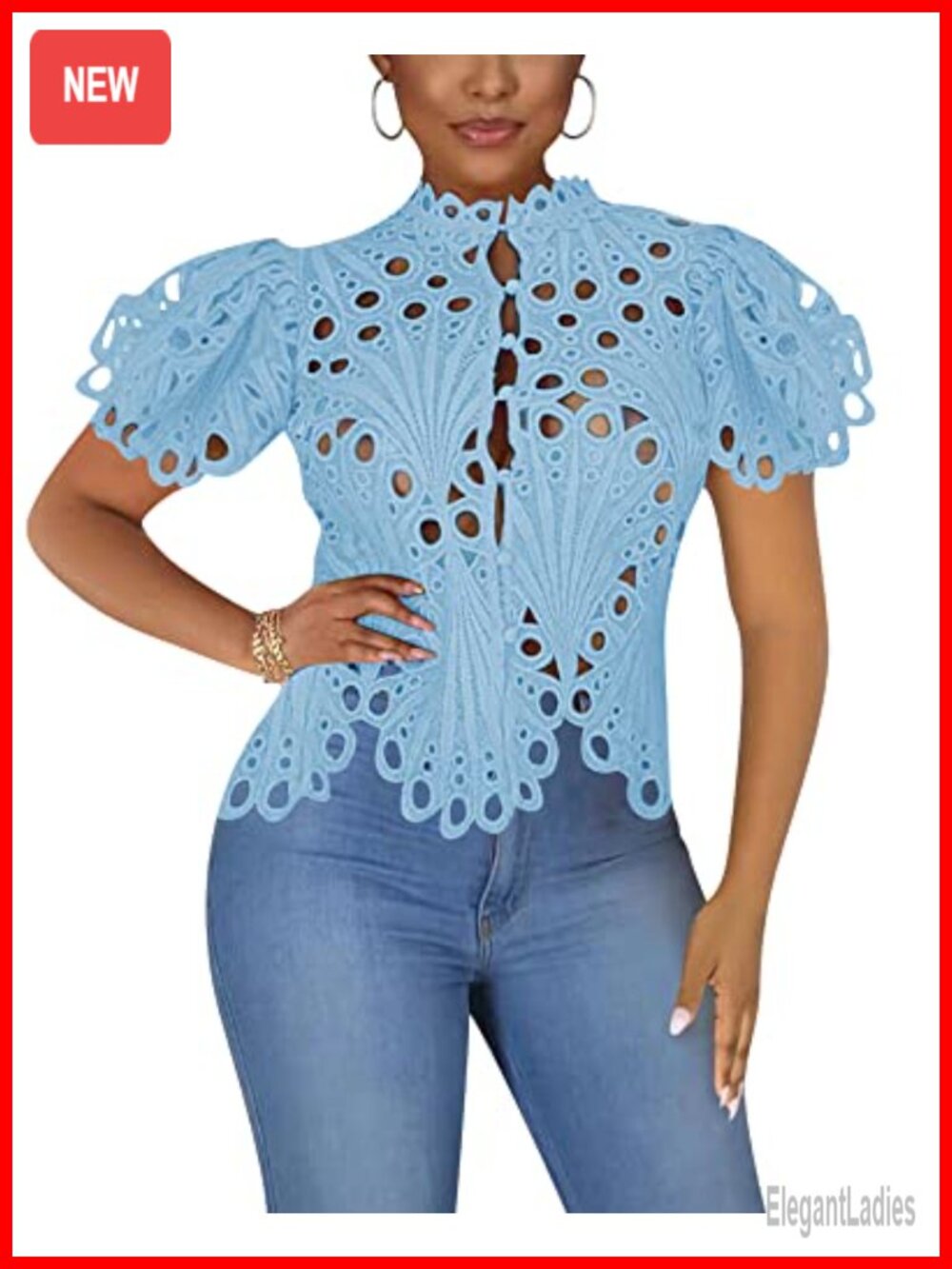 Women's Lace Ruffle Puff Sleeve Button Down Tunic Top